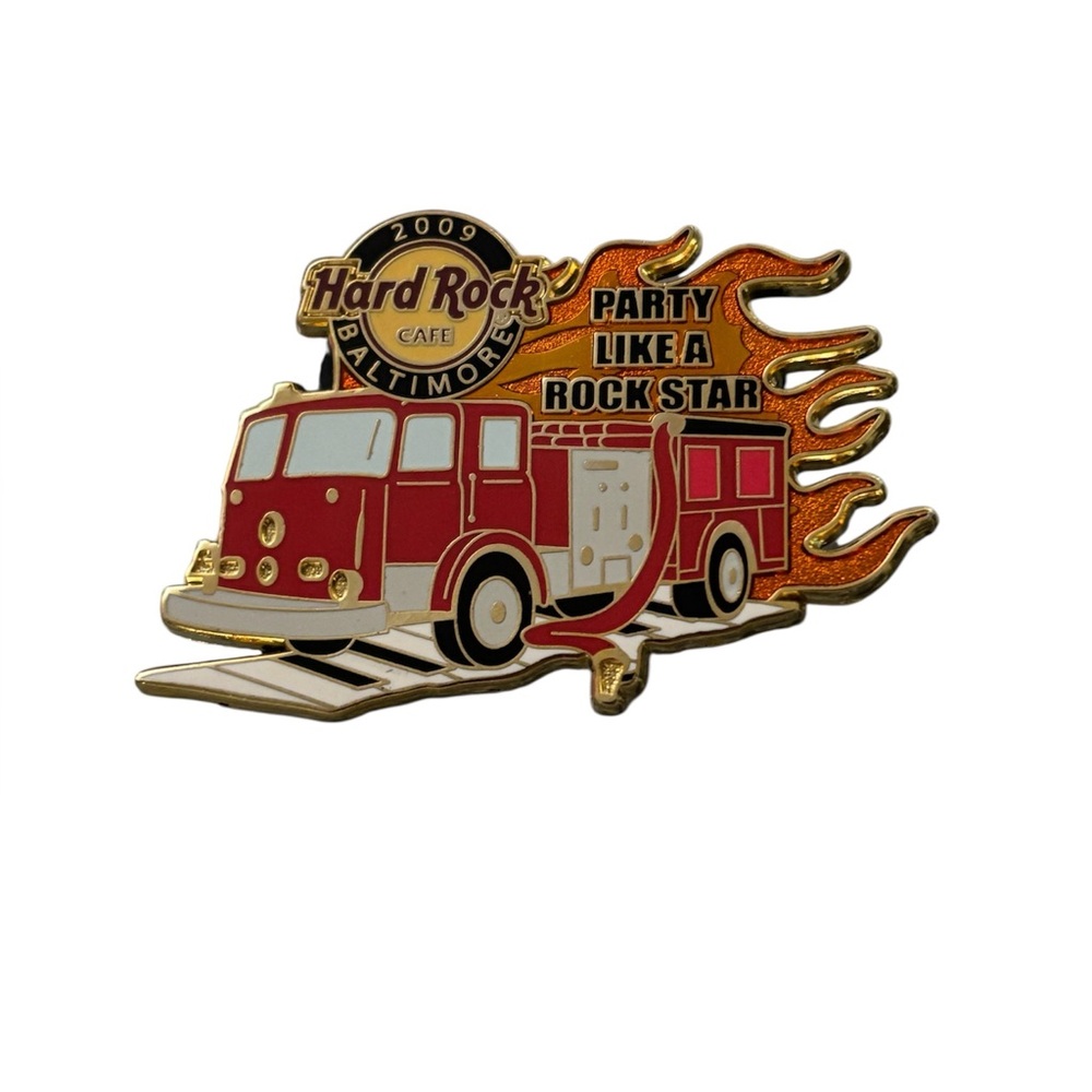 Hard Rock Cafe 2009 Baltimore Collectors pin. Fire truck with flames.